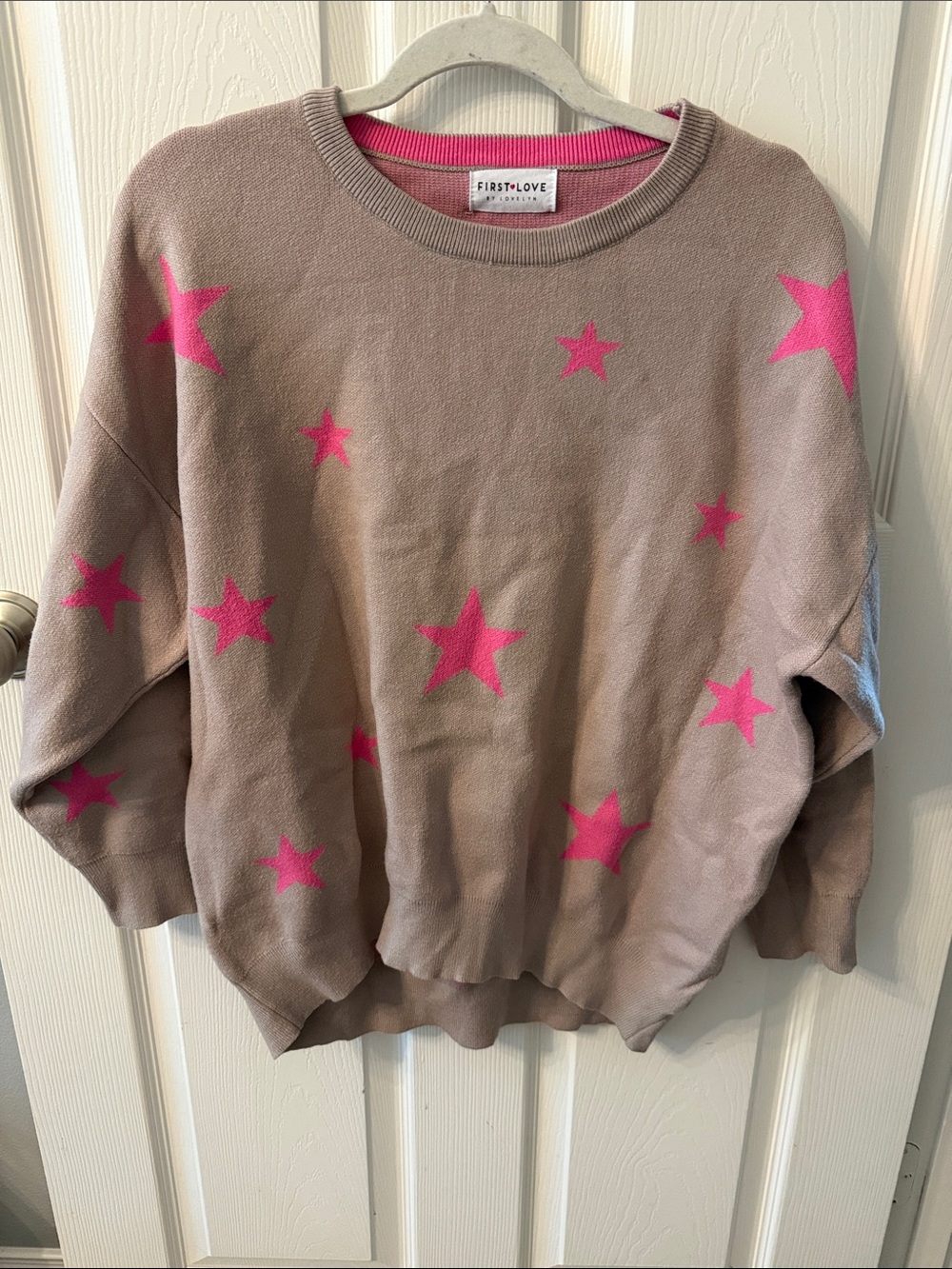 First Love Taupe Crewneck Sweater with Hot Pink Stars
